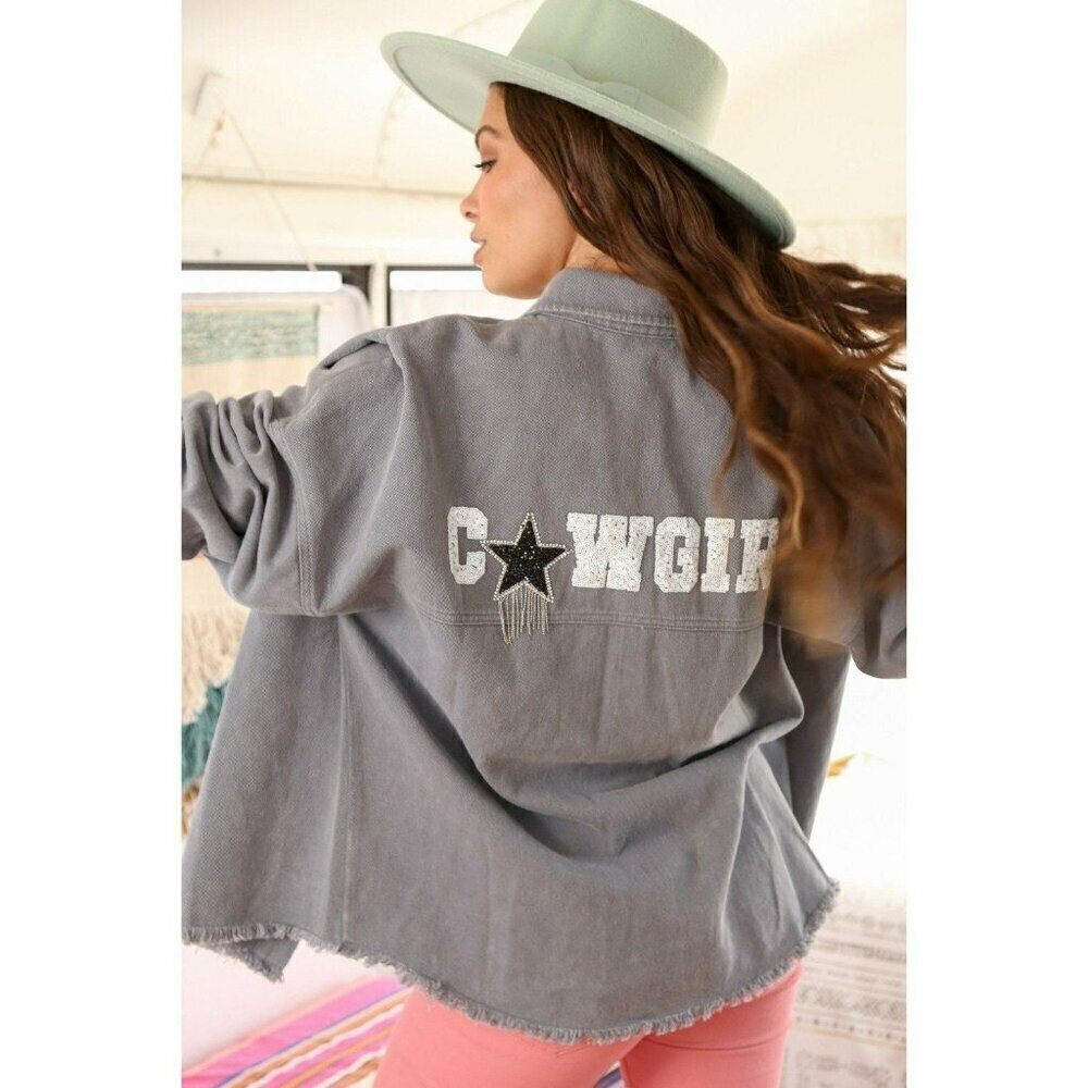Cowgirl State of Mind Sequin Shacket in Grey - Picture 1 of 7